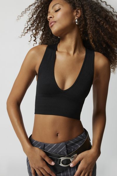Out From Under Hailey Seamless Plunge Cropped Tank Top In Black, Women's At Urban Outfitters
