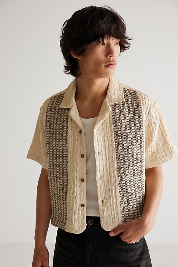 Bdg Conrad Paneled Cropped Short Sleeve Shirt Top In Tan, Men's At Urban Outfitters In Black