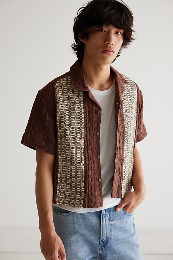 Bdg Conrad Paneled Cropped Short Sleeve Shirt Top In Brown, Men's At Urban Outfitters
