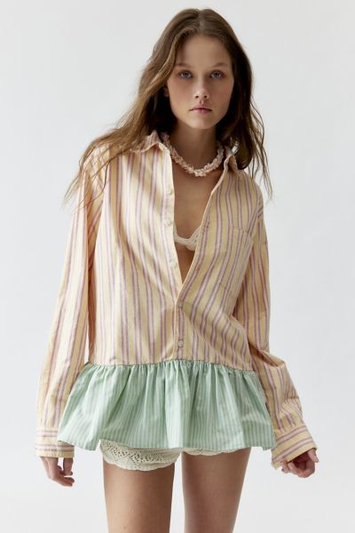 Shop Urban Renewal Remade Stripe Ruffle Hem Button-down Shirt, Women's At Urban Outfitters In Multicolor
