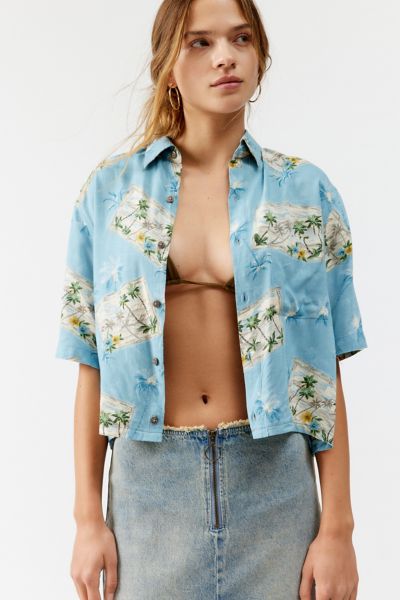Urban Renewal Remade Cropped Tropical Button-down Shirt In Blue, Women's At Urban Outfitters