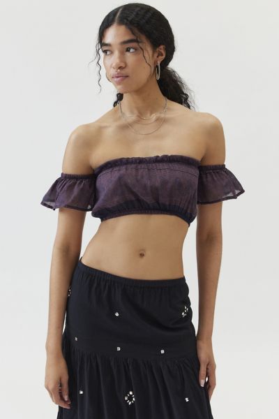 Shop Urban Renewal Remade Overdyed Gauze Off-the-shoulder Cropped Top In Purple, Women's At Urban Outfitters