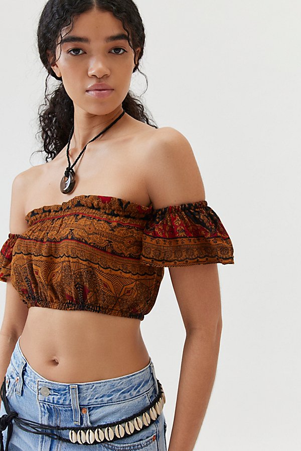 Urban Renewal Remade Overdyed Gauze Off-the-shoulder Cropped Top In Gold, Women's At Urban Outfitters In Pink