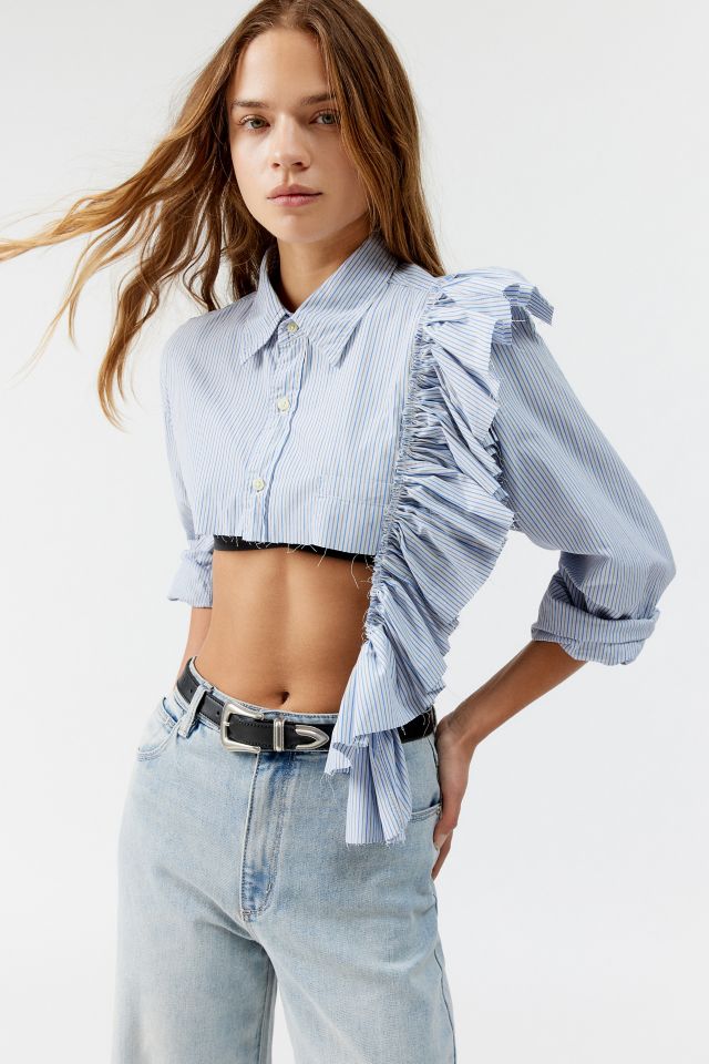 Urban Renewal Remade Side Ruffle Cropped Button Down Top Urban Outfitters 0996