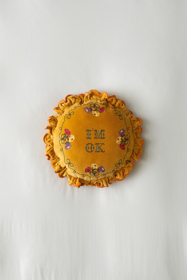Velvet Text Ruffle Round Throw Pillow #1