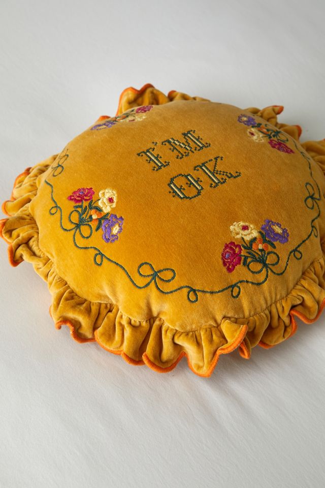 Velvet Text Ruffle Round Throw Pillow #2