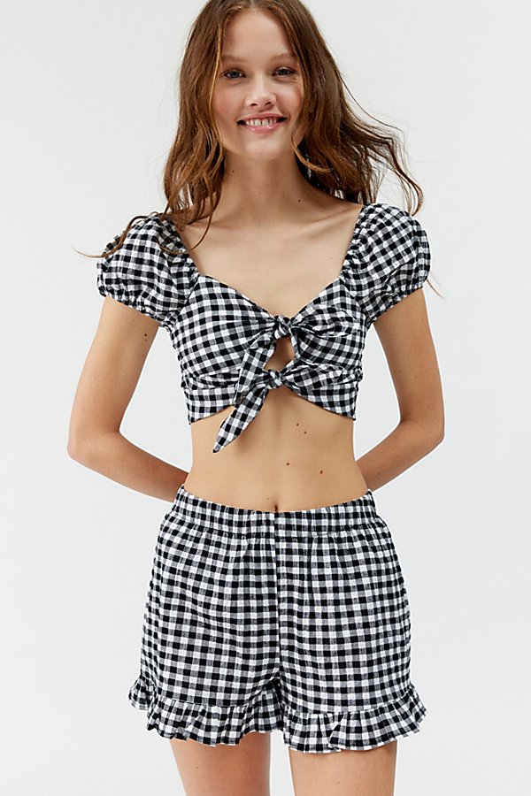 Urban Renewal Remnants Gingham Puff Sleeve Tie-front Cropped Top In Black, Women's At Urban Outfitters