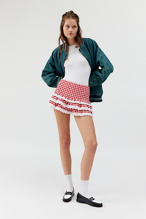 Urban Renewal Remnants Gingham Ruffle Lace Trim Mini Skirt In Red, Women's At Urban Outfitters