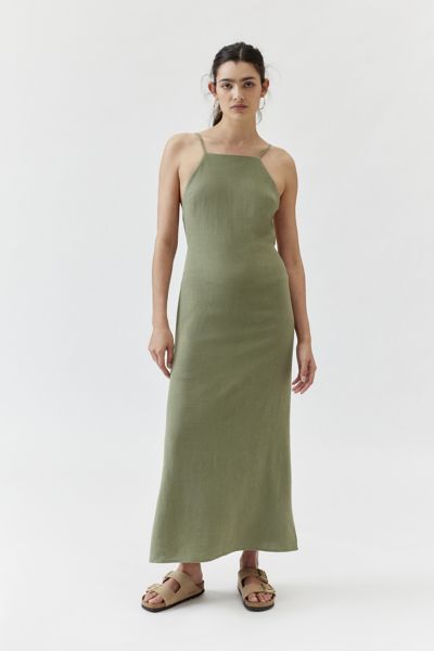 Urban Renewal Remnants Slub Linen Open-back Midi Dress In Green, Women's At Urban Outfitters In Green
