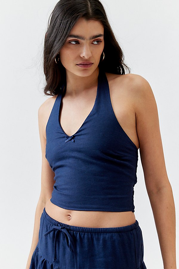 Urban Renewal Made In La Ecovero️ Linen Simplistic Cropped Halter Top In Navy, Women's At Urban Outfitters