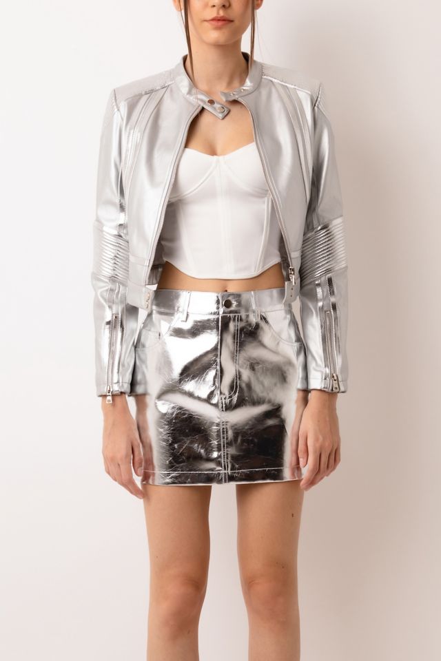 Amy Lynn Faux Leather Metallic Moto Jacket | Urban Outfitters
