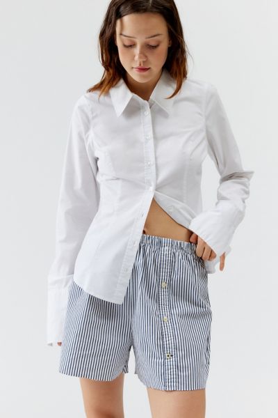 Shop Urban Renewal Remade Striped Raw Cut Hem Boxer Short In Blue, Women's At Urban Outfitters