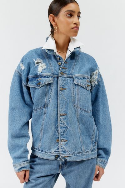 Shop Urban Renewal Remade Destroyed Denim Jacket In Vintage Denim Medium, Women's At Urban Outfitters