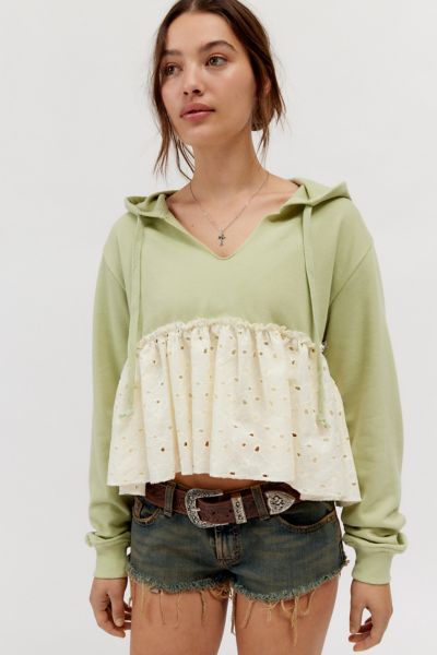 Shop Bdg Shai Eyelet Pullover Hoodie Sweatshirt In Olive, Women's At Urban Outfitters