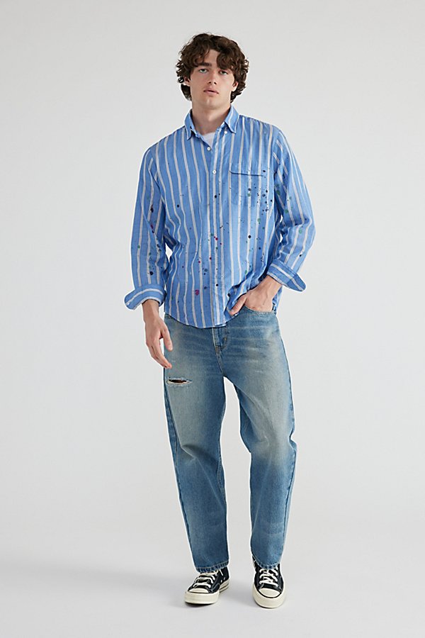 Urban Renewal Remade Paint Splatter Striped Button-down Shirt In Blue, Men's At Urban Outfitters