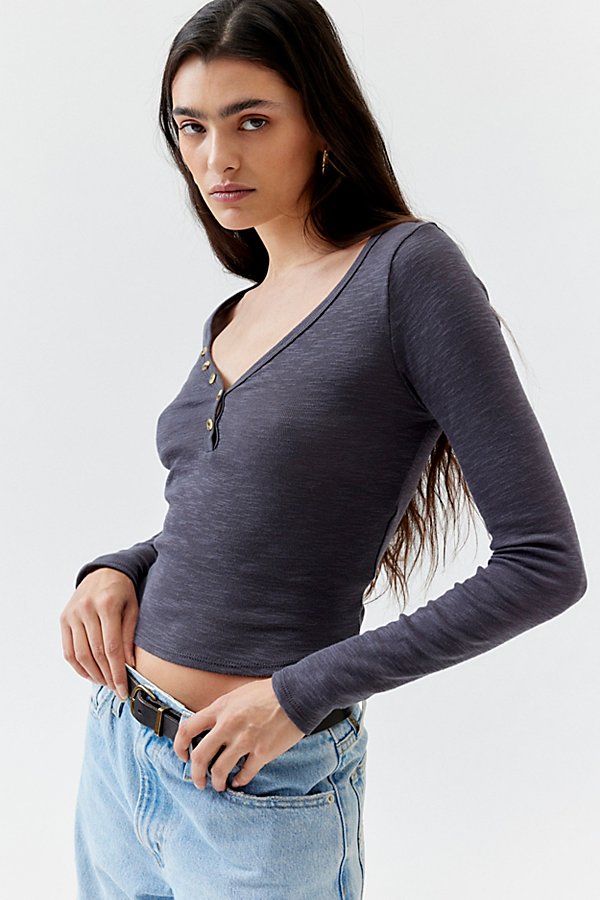 Urban Renewal Remnants Slub Henley Top In Grey, Women's At Urban Outfitters
