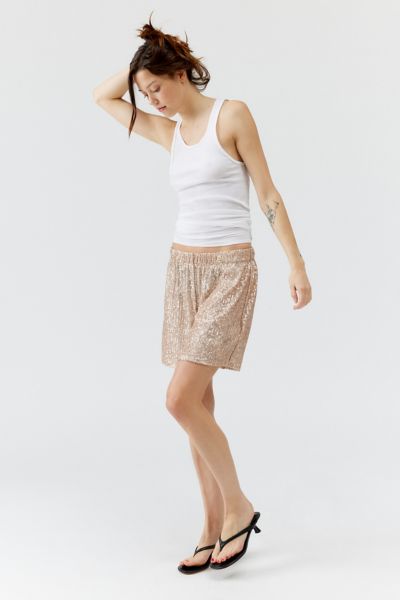 Urban Renewal Remants Longline Sequin Short In Champagne, Women's At Urban Outfitters In Neutral