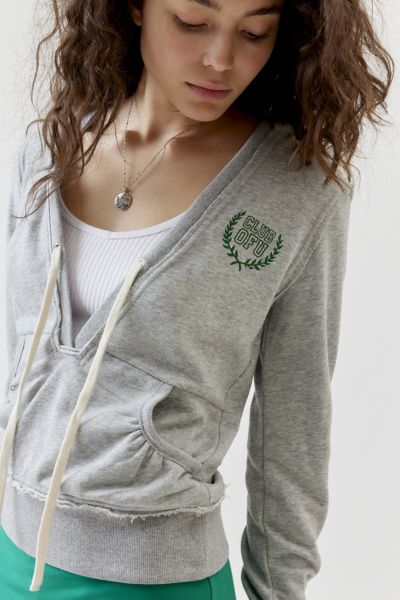 Shop Out From Under Deep-v Pullover Hoodie Sweatshirt In Grey, Women's At Urban Outfitters