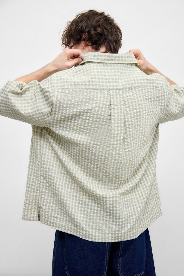 【BAON】[unisex] Aldeck Summer Seersucker Check Over Shirt Women's Vacationland Seersucker Shirt, Short-Sleeve Popover