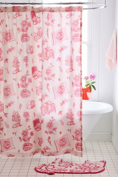 Urban Outfitters Delft Cat Shower Curtain In Pink At  In Pink