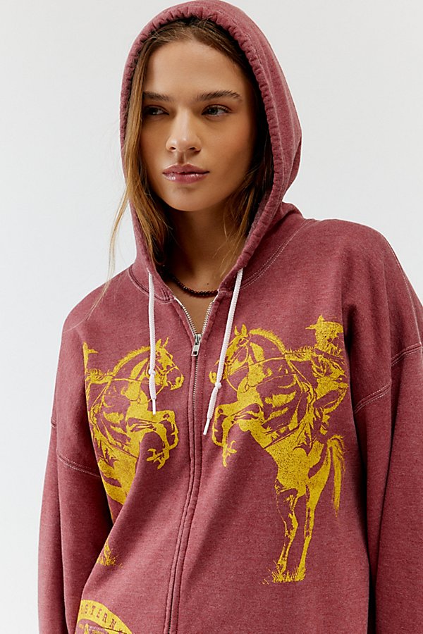 Project Social T Western Rodeo Zip-up Hoodie Sweatshirt In Maroon, Women's At Urban Outfitters