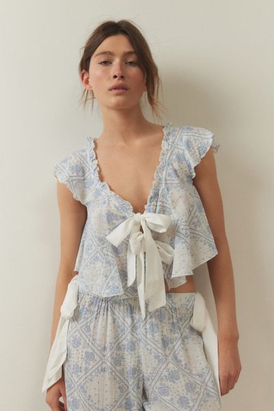Shop Out From Under Pretty Pj Tie-front Top In Blue, Women's At Urban Outfitters