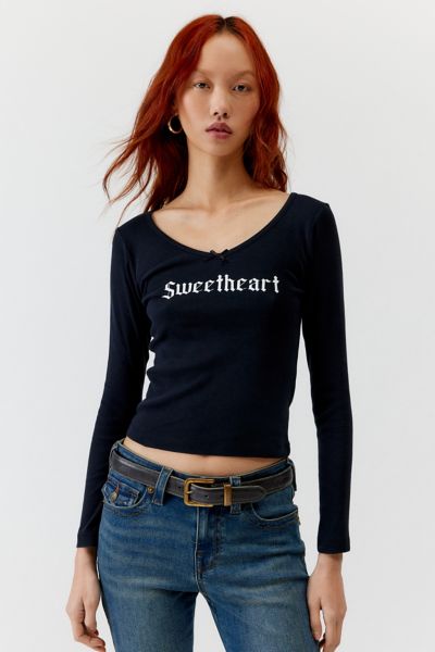 Shop Urban Outfitters Sweetheart Fitted Long Sleeve Tee In Black, Women's At