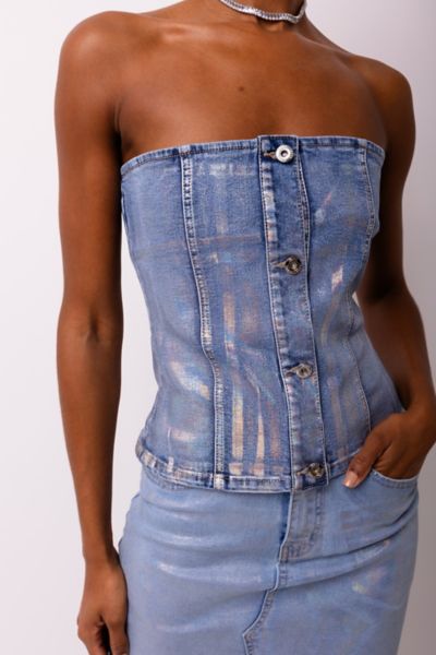 Blue Metallic Print Denim Corset Top, Denim