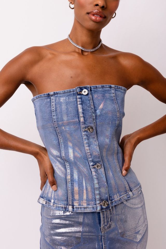 Blue Metallic Print Denim Corset Top, Denim