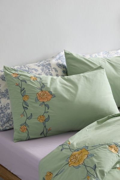 Shop Urban Outfitters Secret Garden Embroidered Sham Set In Yellow Green At