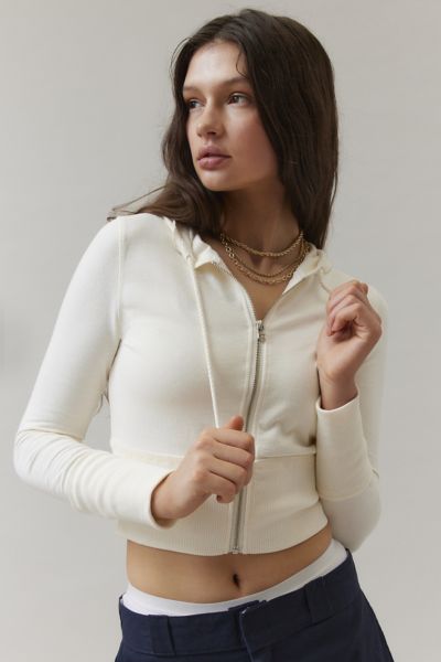 Bdg Hailey Zip-up Cropped Hoodie Sweatshirt In Ivory, Women's At Urban Outfitters In Blue