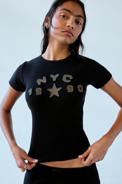 Shop Urban Outfitters Nyc 1990 Applique Baby Tee In Black, Women's At