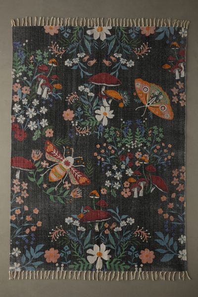 Urban Outfitters Insect Floral Embroidered Brushed Rug In Black At