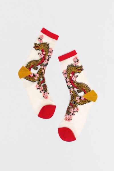 Sock Candy Year Of The Dragon Sheer Sock In Red, Women's At Urban Outfitters In White
