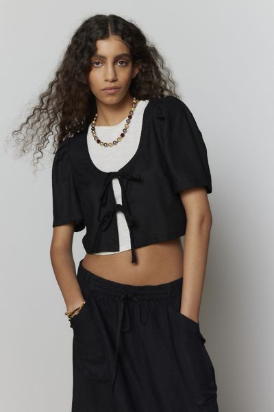 Shop Urban Renewal Made In La Ecovero️ Linen Double Tie Top In Black, Women's At Urban Outfitters