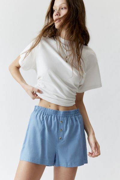 Shop Urban Renewal Made In La Ecovero️ Linen Button Front Boxer Short In Light Blue, Women's At Urban Outfitters