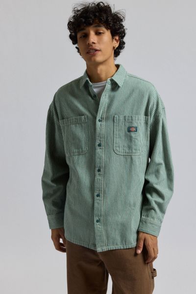 DICKIES HICKORY STRIPE LONG SLEEVE SHIRT IN GREEN, MEN'S AT URBAN OUTFITTERS