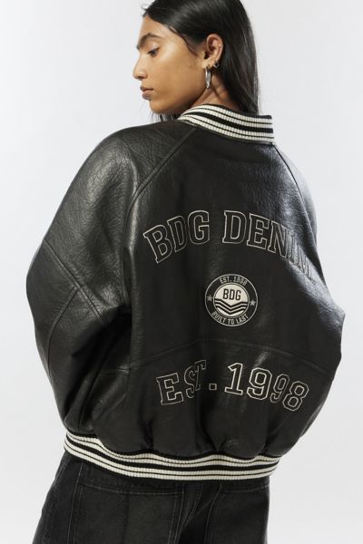 BDG Avery Oversized Faux Leather Varsity Jacket