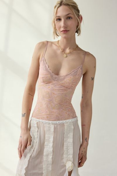 Out From Under Felicia Lace Trim Mesh Bodysuit In Paisley Heart, Women's At Urban Outfitters In Paisley Heart