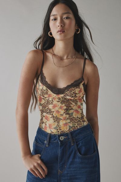 Out From Under Felicia Lace Trim Mesh Bodysuit In Brown Hibiscus, Women's At Urban Outfitters