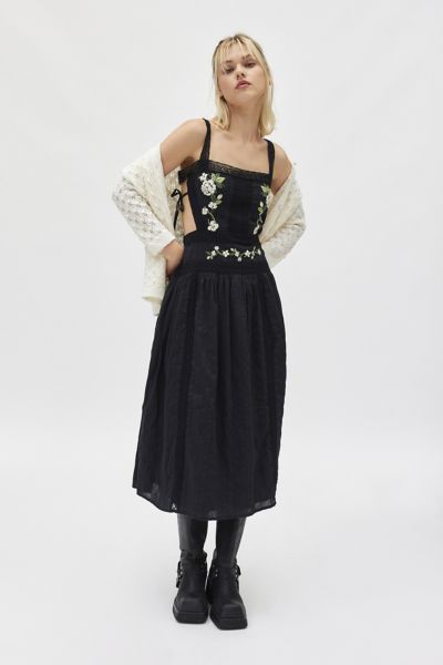 for love & lemons jolene embroidered floral apron midi dress