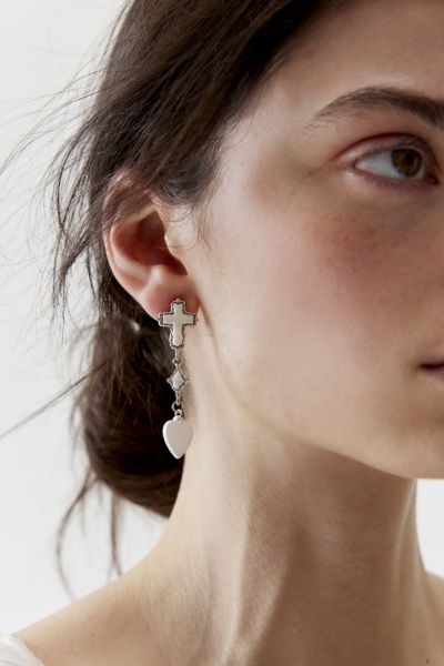 Shop Urban Outfitters Pearl Cross Drop Earring In Silver, Women's At