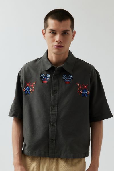 UO Embroidered Cropped Short Sleeve Button-Down Shirt