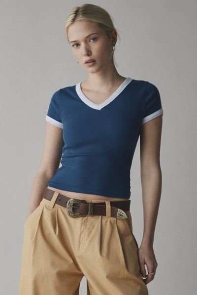 BDG TOO PERFECT V NECK TEE IN DARK BLUE, WOMEN'S AT URBAN OUTFITTERS 