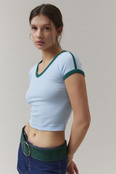 BDG TOO PERFECT V NECK TEE IN BLUE, WOMEN'S AT URBAN OUTFITTERS 