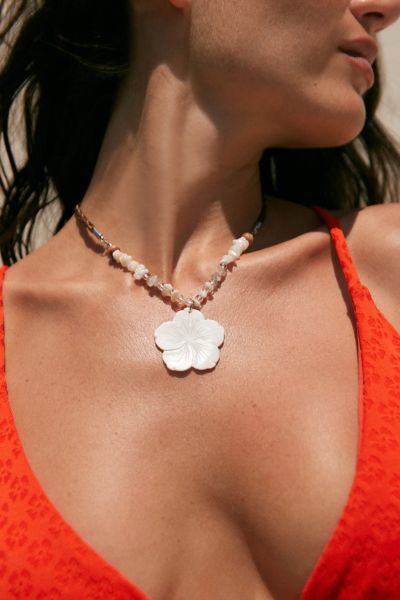 Urban Outfitters Hibiscus Flower Beaded Necklace In Neutral Shell, Women's At  In Multi