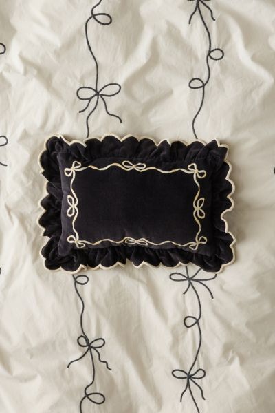 Urban Outfitters Lacey Bows Velvet Ruffle Bolster Pillow In Charcoal At