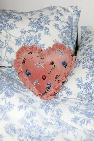 Urban Outfitters Embroidered Ruffle Heart Velvet Throw Pillow In Pink At