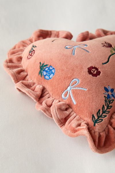 Embroidered Ruffle Heart Velvet Throw Pillow