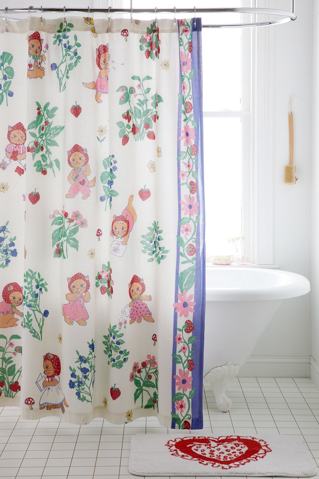 Strawberry Cat Patterned Shower Curtain - Cream, Regular, 72X72